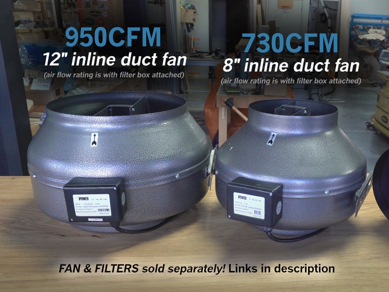 May include: Two inline duct fans, one 12 inches and one 8 inches in diameter, with a gray metal finish. The fans are labeled with their CFM ratings: 950 CFM and 730 CFM. The text "FAN & FILTERS sold separately! Links in description" is displayed below the fans.