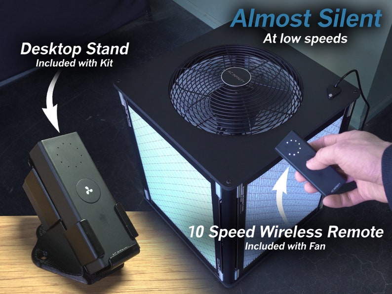 May include: A black fan with a 10-speed wireless remote control. The fan is almost silent at low speeds and includes a desktop stand. The text "Almost Silent" and "At low speeds" is displayed above the fan. The text "10 Speed Wireless Remote" and "Included with Fan" is displayed below the fan.