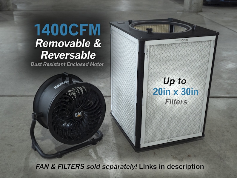 May include: A black industrial fan with a 1400 CFM rating and a removable and reversible filter. The fan has a dust resistant enclosed motor. The fan is next to a large white filter that can accommodate filters up to 20 inches by 30 inches. The text "FAN & FILTERS sold separately! Links in description" is at the bottom of the image.