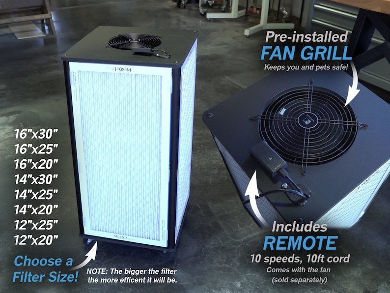 May include: A black air purifier with a white filter and a pre-installed fan grill. The air purifier has a remote control and comes in different sizes: 16"x30", 16"x25", 16"x20", 14"x30", 14"x25", 14"x20", 12"x25", and 12"x20".