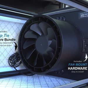 May include: A black fan with a metal grill and a zip tie for securing wires. The fan is mounted in a white box with a filter. The text "Includes Zip Tie for Wire Bundle" and "This is very important to keep wires out of fan!" is written on the box. The text "Includes FAN MOUNT HARDWARE Easy to install!" is written on the right side of the box.