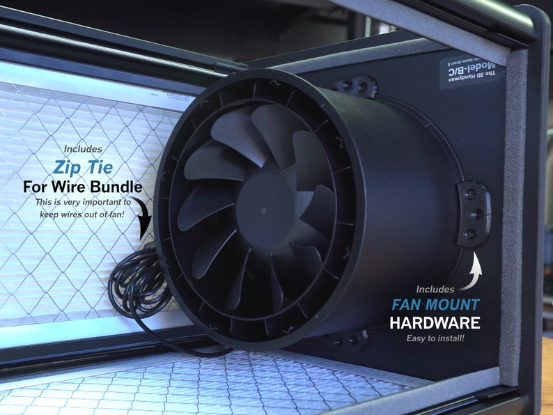May include: A black fan with a metal grill and a zip tie for securing wires. The fan is mounted in a white box with a filter. The text "Includes Zip Tie for Wire Bundle" and "This is very important to keep wires out of fan!" is written on the box. The text "Includes FAN MOUNT HARDWARE Easy to install!" is written on the right side of the box.