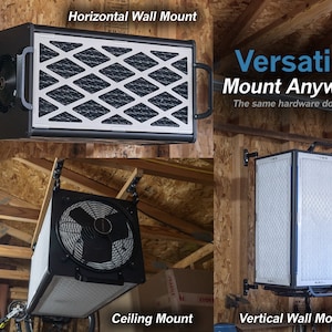 Pu&ograve; includere: Un purificatore d'aria versatile con finitura nera e argento pu&ograve; essere montato orizzontalmente o verticalmente su una parete o appeso al soffitto. Il testo "Versatile Mount Anywhere" e "The same hardware does it all!" &egrave; visualizzato nell'immagine.