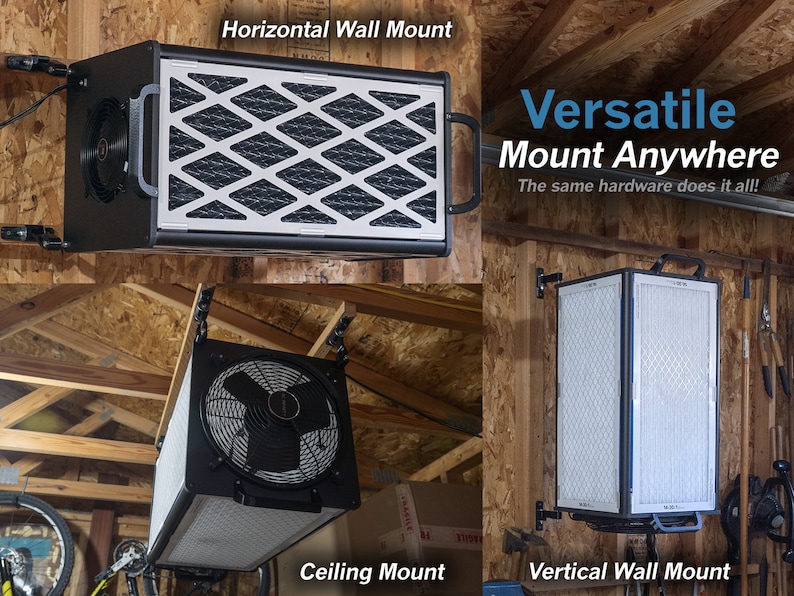 Pu&ograve; includere: Un purificatore d'aria versatile con finitura nera e argento pu&ograve; essere montato orizzontalmente o verticalmente su una parete o appeso al soffitto. Il testo "Versatile Mount Anywhere" e "The same hardware does it all!" &egrave; visualizzato nell'immagine.