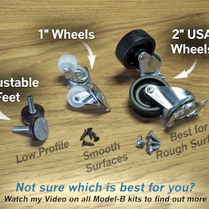 May include: A close-up of different types of furniture casters, including 1-inch and 2-inch wheels, as well as adjustable feet. The text "Best for Rough Surfaces" is visible next to the 2-inch wheels. The text "Smooth Surfaces" is visible next to the 1-inch wheels. The text "Low Profile" is visible next to the adjustable feet. The text "Not sure which is best for you? Watch my Video on all Model-B kits to find out more" is visible at the bottom of the image.