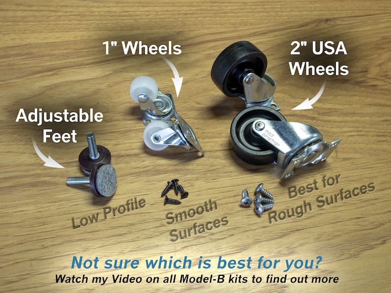 May include: A close-up of four different types of furniture casters, including 1-inch wheels, 2-inch USA wheels, adjustable feet, and screws. The casters are on a wood surface. "Not sure which is best for you? Watch my Video on all Model-B kits to find out more." is written at the bottom of the image.