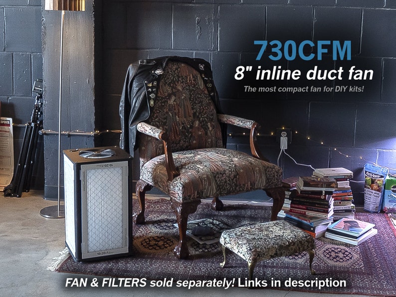 May include: A black and white 8-inch inline duct fan with a 730 CFM rating. The fan is sitting on a gray floor in front of a brick wall. The text "730 CFM 8" inline duct fan The most compact fan for DIY kits! FAN & FILTERS sold separately! Links in description" is visible in the image.
