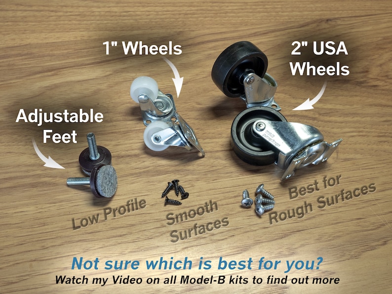 May include: A close-up of different types of furniture casters, including 1-inch wheels, 2-inch USA wheels, and adjustable feet. The text "Not sure which is best for you?" is written below the image. The text "Watch my Video on all Model-B kits to find out more" is written below the text "Not sure which is best for you?"