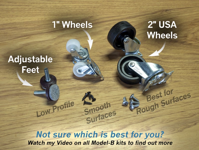 May include: A close-up of different types of furniture casters, including 1-inch and 2-inch wheels, as well as adjustable feet. The text "Best for Rough Surfaces" is visible next to the 2-inch wheels. The text "Smooth Surfaces" is visible next to the 1-inch wheels. The text "Low Profile" is visible next to the adjustable feet. The text "Not sure which is best for you? Watch my Video on all Model-B kits to find out more" is visible at the bottom of the image.