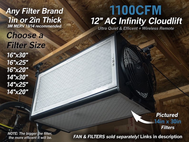 Pu&ograve; includere: Un purificatore d'aria AC Infinity Cloudlift da 12 pollici con una portata d'aria di 1100 CFM e un telecomando wireless. L'unit&agrave; &egrave; appesa al soffitto ed &egrave; dotata di un filtro da 35,56 cm x 76,2 cm. L'immagine mostra un elenco di diverse dimensioni di filtri che possono essere utilizzati con l'unit&agrave;.