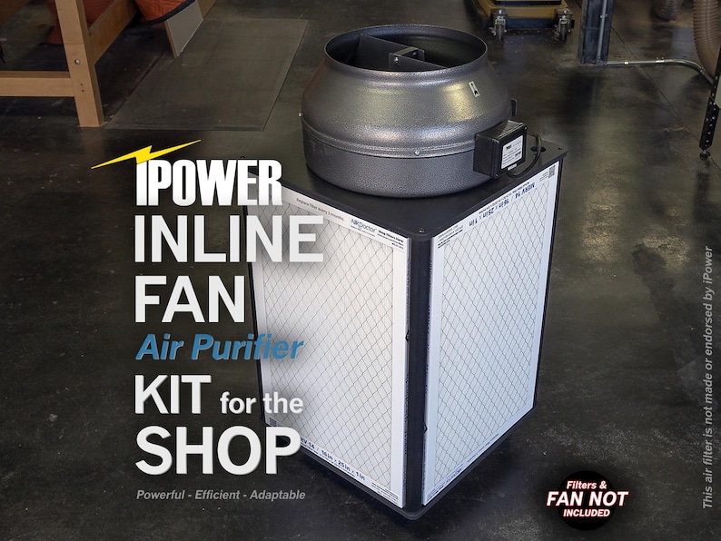 May include: A black and gray inline fan air purifier kit for a shop. The kit includes a fan, a filter, and a stand. The fan is on top of the stand, and the filter is in the front of the stand. The text on the stand reads "IPOWER INLINE FAN Air Purifier KIT for the SHOP Powerful - Efficient - Adaptable". The text on the bottom of the stand reads "Filters & FAN NOT INCLUDED".