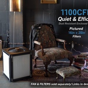 May include: A white air filter with a black frame and a fan on top. The filter is 16 inches by 20 inches and has a 1100 CFM rating. The text "Quiet & Efficient" and "Dust Resistant Enclosed Motor" is displayed above the filter.