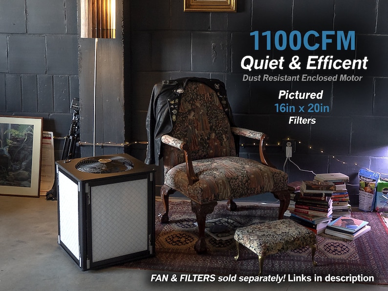 May include: A white air filter with a black frame and a fan on top. The filter is 16 inches by 20 inches and has a 1100 CFM rating. The text "Quiet & Efficient" and "Dust Resistant Enclosed Motor" is displayed above the filter.