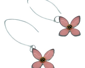 Solid 925 Sterling Silver V hooks with Boho Chic pink Magnolia pendants.
