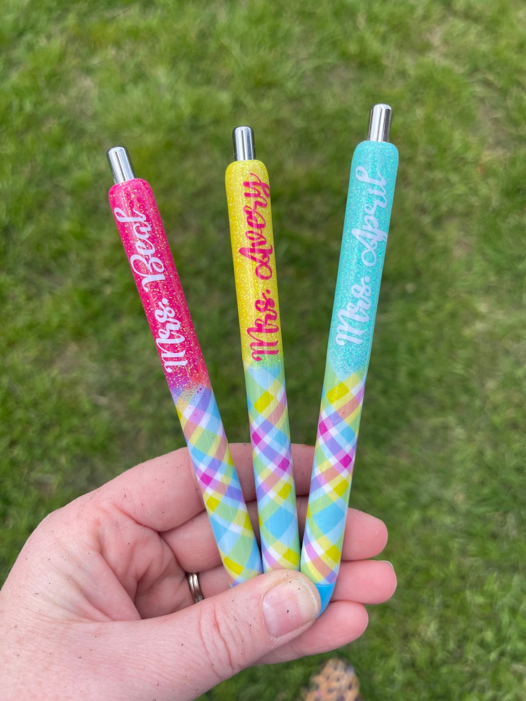 Spring Pastel Plaid Glitter Gel Pens Refillable Personalized Gel Pen Plaid Glitter Pens Easter