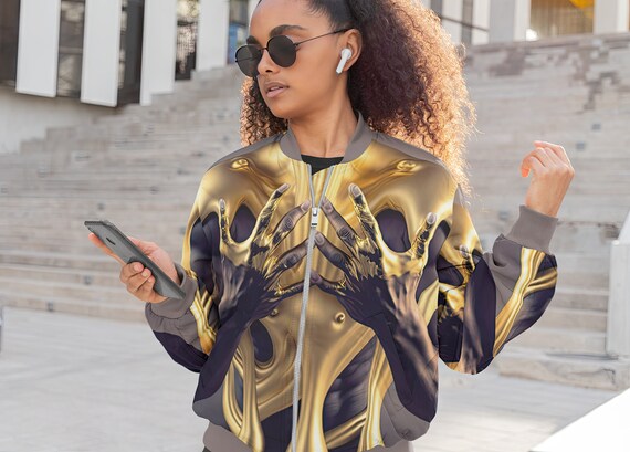 Black and gold bomber jacket womens deals