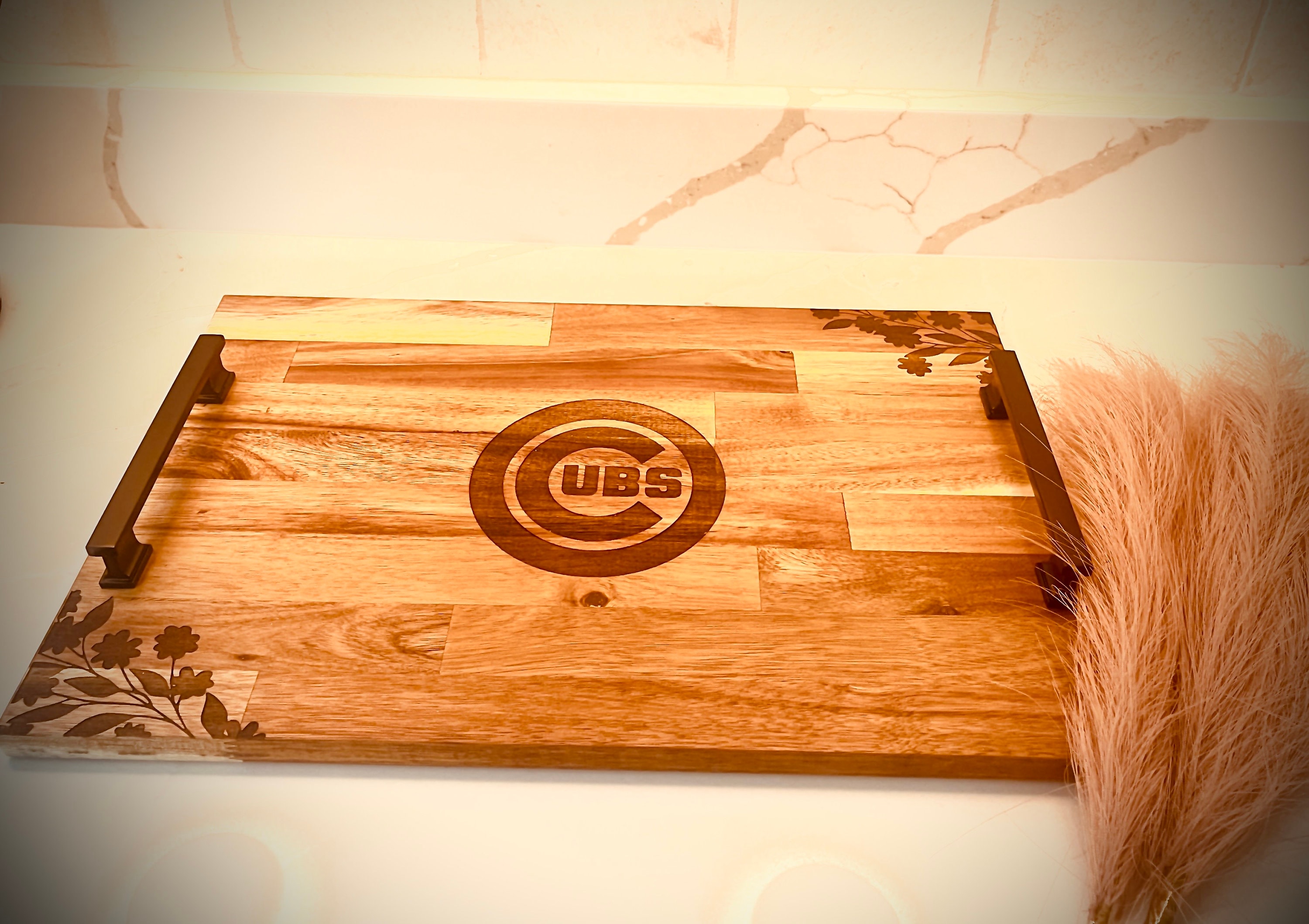Engraved Chicago Cubs Acacia Wood Serving Tray