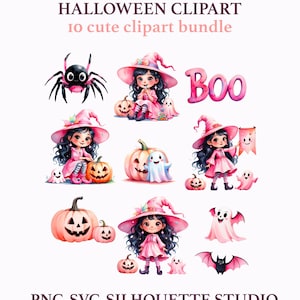 Pink Halloween Clipart Bundle – Cute Watercolor Ghost, Pumpkin, Witch Hat – PNG Files for Crafts & Sublimation