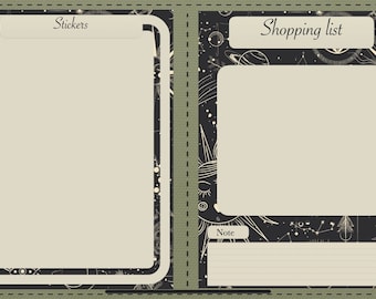 May include: A printable planner page with a celestial theme. The left page is labeled "Stickers" and the right page is labeled "Shopping List". Both pages have a black and white celestial design with stars, planets, and constellations.