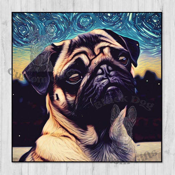 Starry Night, Pug Art, Print Dog Lover Gift, Starry Night Print, Oil Painting, Vincent Van Gogh, Wall Art Decor, Pug Painting Art, Pug,