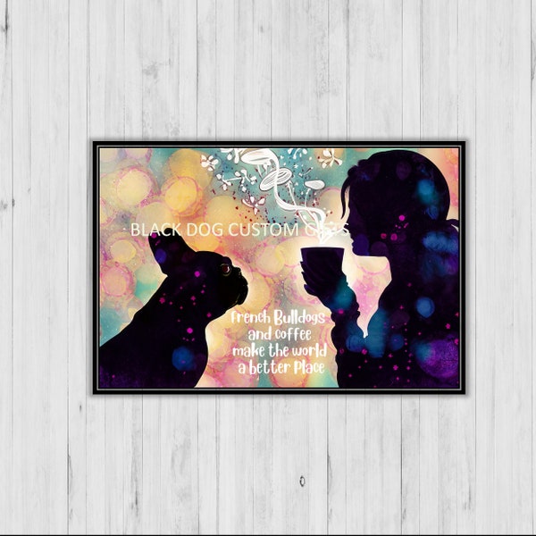 French Bulldogs and Coffee, French Bulldog Art, Kitchen Art Print, Black Frenchie, Psychedelic, Coffee Poster, Decor, Coffee Shop Sign, Gift