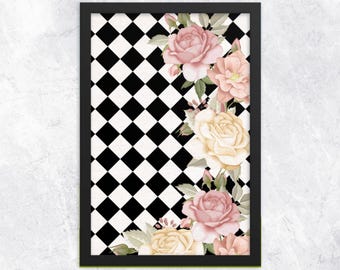 Geruite kunstafdruk gele roos witte roos harlekijn decor zwarte en witte diamant grillige bloemen kunst aan de muur download print aquarel bloemen