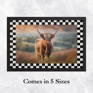 Highland Cow Black and White Checkered Pattern Rustic Farmhouse Décor Scottish Highlands Print Courtly Wall Art Harlequin Check Chequered