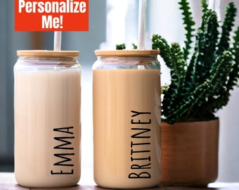 Personalized Iced Coffee Cup, 20oz Glass Cup, Custom tumbler cup with Lid and Straw, Bridesmaid Gift, glass tumbler cup, Custom coffee