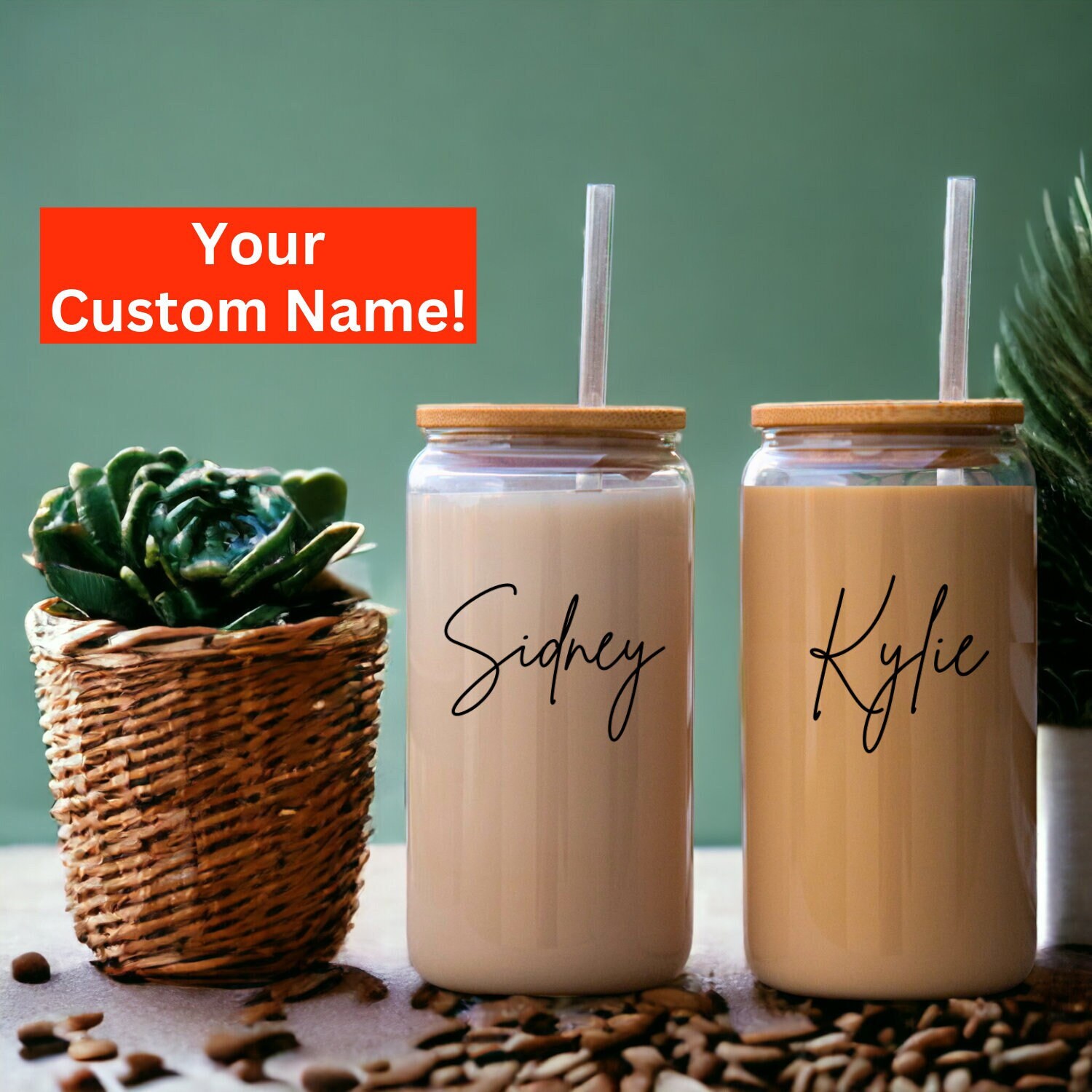Personalized Iced Coffee Cup, Glass Can Soda Cup With Lid and Straw for ...