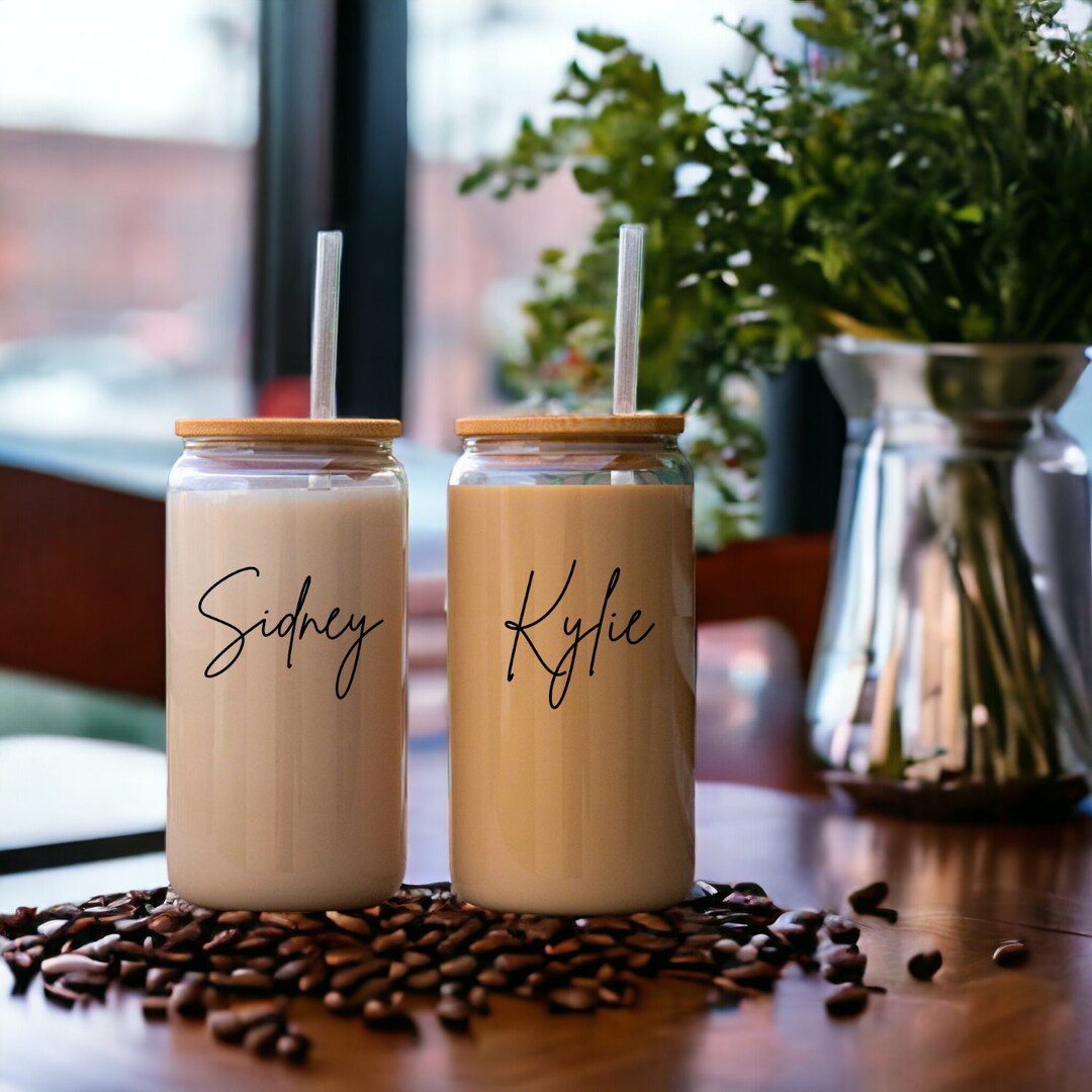 Personalized Iced Coffee Cup, Glass Can Soda Cup With Lid and Straw for ...