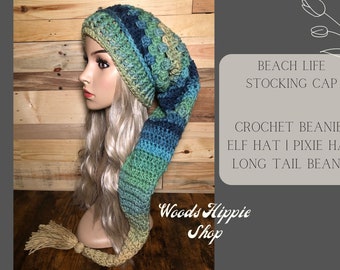 Beach Life Stocking Cap | Crochet Beanie | Elf Hat | Pixie Hat | Long Tail Beanie | Hand Knit Hat | Fall Beanie | Autumn Hat