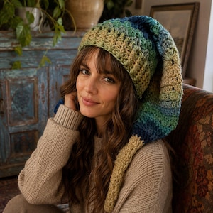 Moss & Sky Stocking Cap | Crochet Beanie | Elf Hat | Pixie Hat | Long Tail Beanie | Hand Knit Hat | Fall Beanie | Autumn Hat
