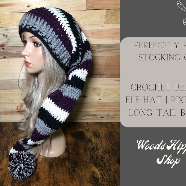 Perfectly Plum Stocking Cap | Crochet Beanie | Elf Hat | Long Tail Beanie | Hand Knit Hat