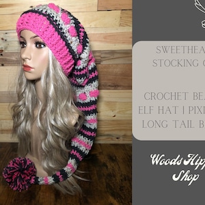 Boho Sweetheart Stocking Cap | Crochet Beanie | Valentine's Hat | Pixie Hat | Long Tail Beanie | Hand Knit Hat | Gifts for Her