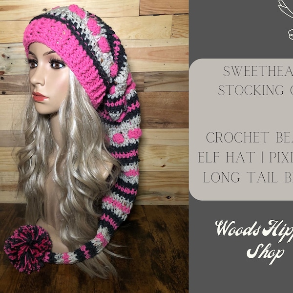 Boho Sweetheart Stocking Cap | Crochet Beanie | Valentine's Hat | Pixie Hat | Long Tail Beanie | Hand Knit Hat | Gifts for Her