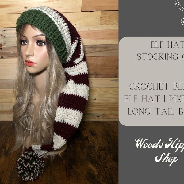 Boho Elf Hat Stocking Cap | Crochet Beanie | Elf Hat | Long Tail Beanie | Hand Knit Hat | Christmas Hat | Long Knit Hat