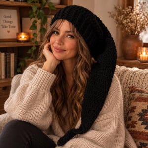 Ravenwood Black Stocking Cap | Crochet Elf Hat | Pixie Hat | Long Tail Knit Beanie | Hand Knit Hat | Fall Beanie
