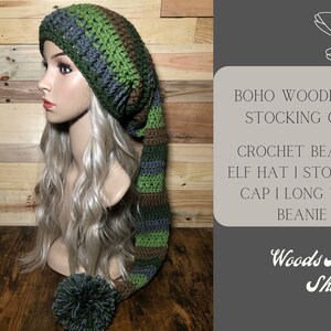 Boho Woodland Stocking Cap | Crochet Beanie | Elf Hat | Long Tail Beanie | Hand Knit Hat