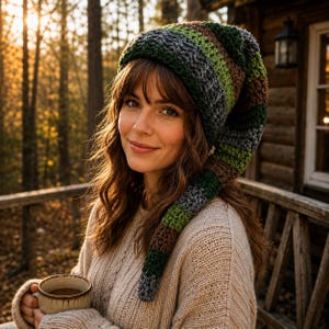 May include: A long, slouchy crochet beanie featuring horizontal stripes in shades of forest green, dark brown, and charcoal gray. The knit hat has a tapered, extended tail design and a textured, chunky yarn construction with a visible stitch pattern.