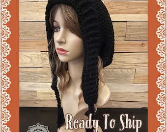 Black Super Slouchy Crochet Beanie With Ear Warmers | Ear Flap Hat | Boho Beanie | Rasta | Dreadlock Hat | Winter Hat | Loc Sock