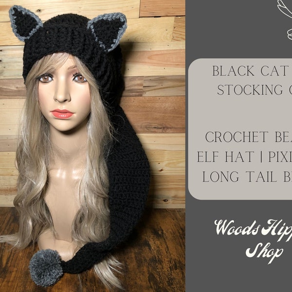 Black Cat Ear Stocking Cap | Cat Ear Beanie | Crochet Beanie | Elf Hat | Long Tail Beanie | Hand Knit Hat