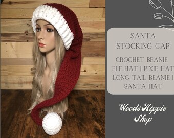 Santa Hat Stocking Cap | Crochet Beanie | Elf Hat | Long Tail Beanie | Hand Knit Hat