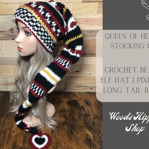 Queen of Hearts Stocking Cap | Crochet Beanie | Elf Hat | Long Tail Beanie | Hand Knit Hat