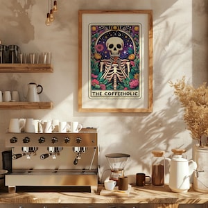 Arte de parede de cartas de tarô Coffeeholic, impressão de parede de esqueleto Coffeeholic, impressão de esqueleto engraçado, arte de parede com tema de café, download instantâneo