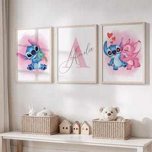 Personalized Stitch Wall Art for Girls Room, Custom Name Stitch Wall Decor, Set of 3 Prints Kids Room Wall Art, Stitch Nursery Decor