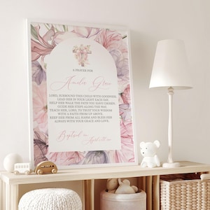 Wildflower Baptism Prayer Wall Art Girls, Personalized Christening Gift, Printable Baptism Gift, Custom Floral Framed Prayer Sign