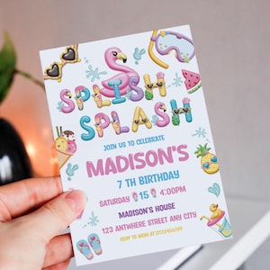 Editable Splish Splash Birthday Invitation, Pool Party Birthday Invitation, Girl Summer Birthday Invitation, Pink Flamingo Pool Party