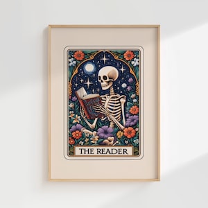 The Reader Tarot Card Wall Art, Skeleton Reader Print, Book Lover Gift, Funny Skeleton Print,  Library Wall Art, Instant Download