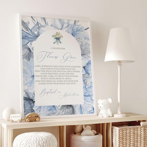 Floral Baptism Prayer Wall Art For Boys, Personalized Christening Gift, Printable Baptism Gift, Custom Floral Framed Prayer Sign