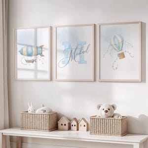 Personalisierte Heißluftballon-Wandkunst für Jungenzimmer, individueller Name Heißluftballon-Dekor, 3er-Set Drucke Kinderzimmer-Wandkunst, Kinderzimmerdekor